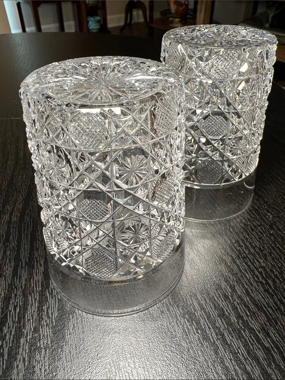Pair of Antique Intricate Hand Cut American Brilliant Crystal Tumblers Glasses